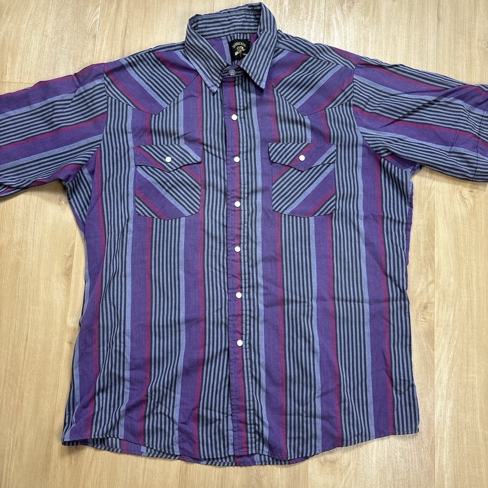 Saddle King Key Mens Western Shirt 2X Purple Grey Stripe Pearl Snap Short Sleeve